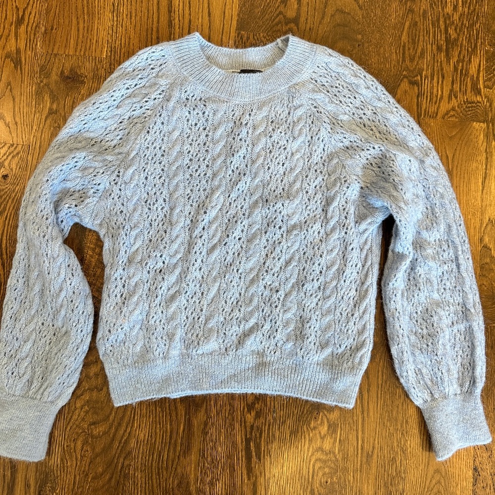 MNG Light Gray / light blue Fuzzy Ribbed Knit Sweater
